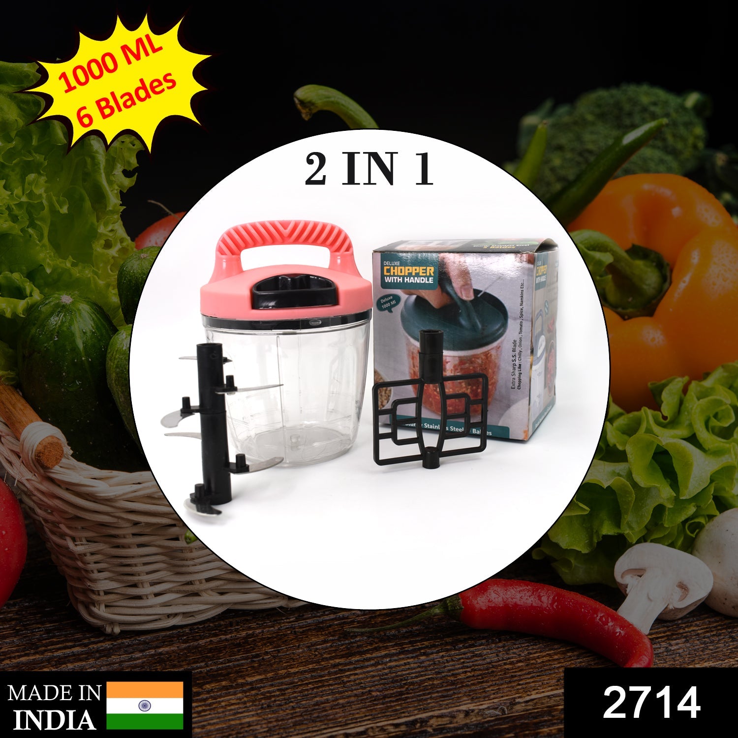 2714 2 in 1 Handy Chopper 1000 ML used widely in all kinds of household kitchen purposes for cutting and chopping of types of vegetables and fruits etc. 2714 2 in 1 Handy Chopper 1000 ML used widely in all kinds of household kitchen purposes for cutting and chopping of types of vegetables and fruits etc.